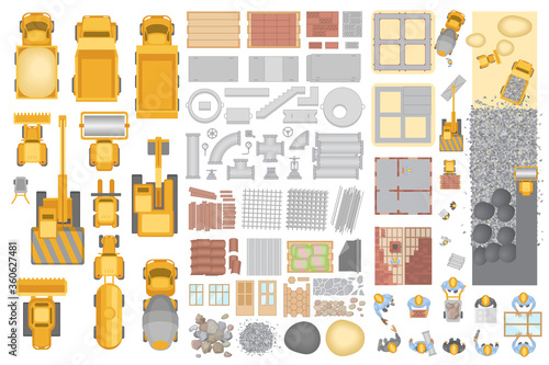 Vector set. Construction. Top view. Construction machinery, building materials, buildings. View from above.