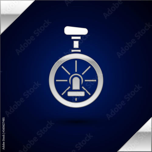 Silver Unicycle or one wheel bicycle icon isolated on dark blue background. Monowheel bicycle. Vector Illustration.
