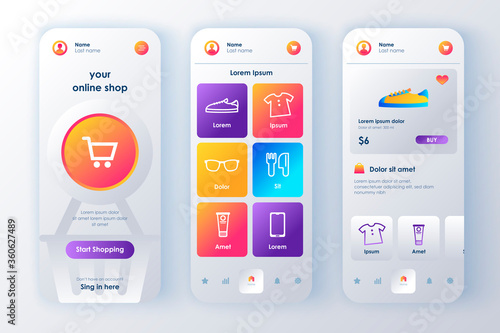 Online shopping unique neomorphic design kit. Shopping app with order basket, product description and price. Internet marketplace platform UI, UX template set. GUI for responsive mobile application.