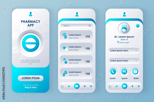 Online medicine unique neomorphic design kit. Pharmacy app with medical consultation, drugs description and pricing. Drugstore service UI, UX template set. GUI for responsive mobile application.