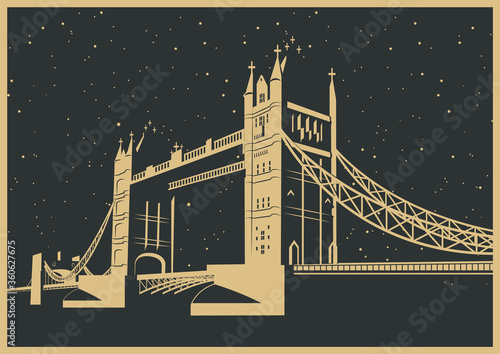 Tower Bridge Night Scene, London Symbol, Bridge over the Thames, Retro Posters Style 