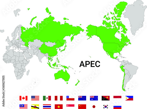 Map of world with apec countries and flags