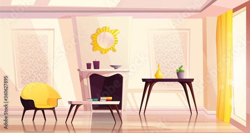 Luxury living room interior in modern style with yellow armchairs, table, fireplace, a window and a curtain. Cartoon vector illustration.