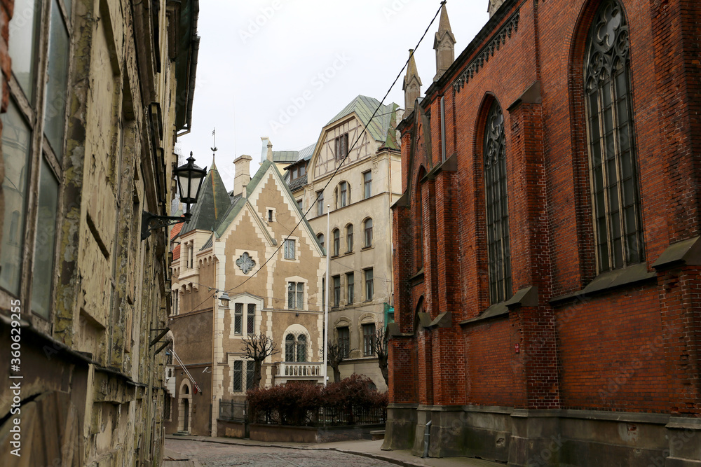 St. Saviour's Anglican Church and buildings on Anglikanu street in the centre of Riga, Latvia