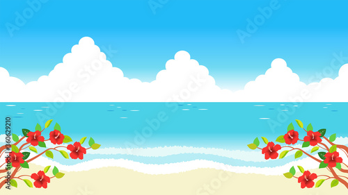 青い海と青い空と赤いハイビスカス © おじんぬユさんぬ