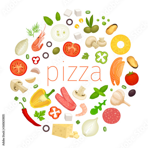 Round frame with various pizza ingredients isolated on white background. Template for pizzeria menu, box or advertisement. Vector illustration with place for text. Tradition Italian cuisine and food.