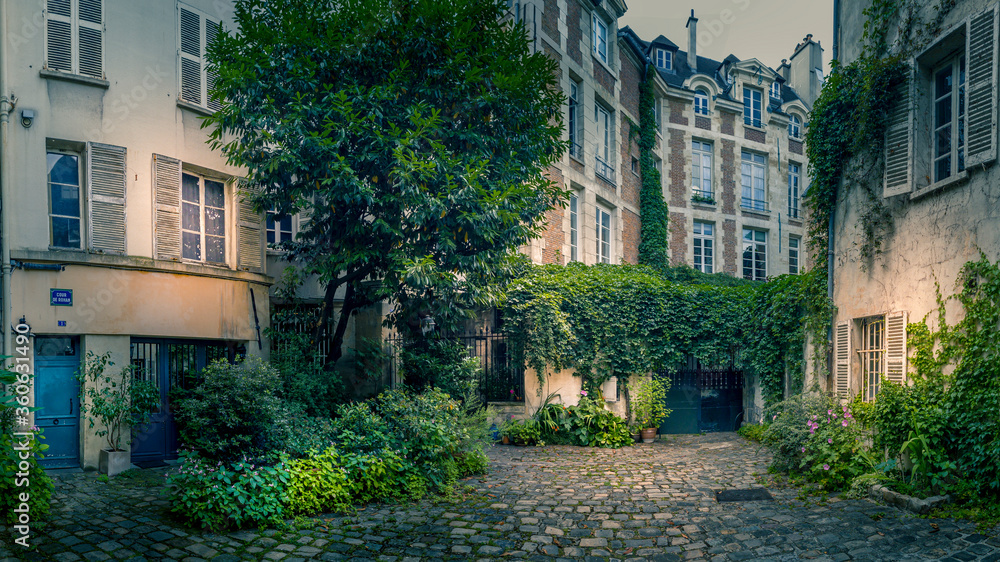 Paris, France - June 26, 2020: Cour de Rohan. Beautiful courtyard near Saint Germain des pres district in Paris