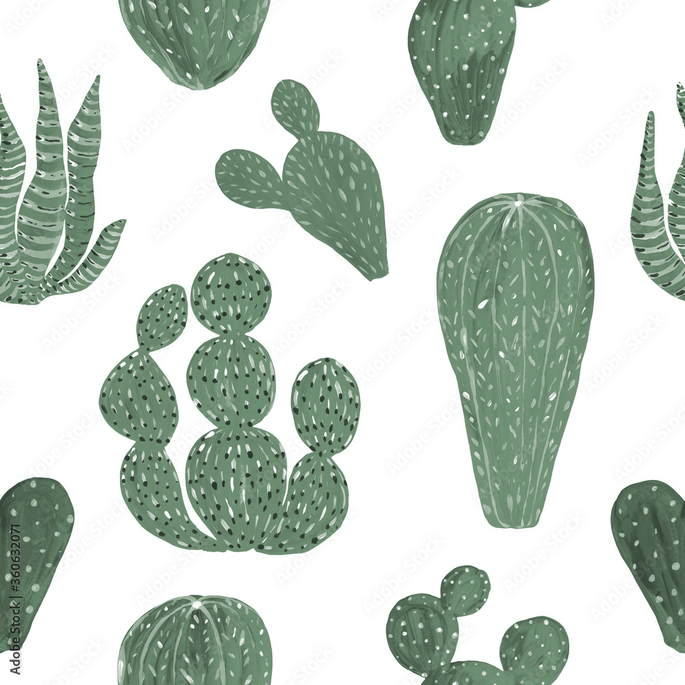 Seamless Pattern Cactuses hand-painted illustration on white background Exotic desert plant. Inroom plant for home decor Seamless Pattern Cactuses hand-painted illustration on white background Exotic desert plant. Inroom plant for home decor