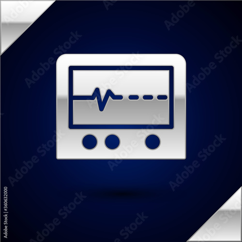 Silver Beat dead in monitor icon isolated on dark blue background. ECG showing death. Vector.