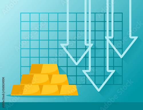 Gold Price Value Stock Market Demand Decrease Drop Fall Down Statistic Report with Graph Chart Diagram Illustration Vector. Precious Metal Commodity. Can be Used for Web, Infographic & Print