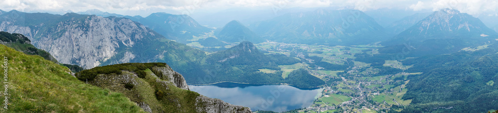 Panoramic view from Loser peak over Altaussee lake and Altaussee village in Dead Mountains (Totes Gebirge). Austria