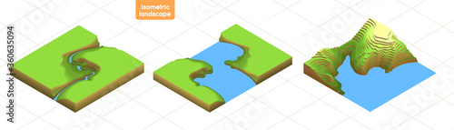 Set 3d isometric map with transitions of vertices. Colorful flat landscape. Travel, tourism, navigation and business background. Topography Vector illustration isolated. Icons for city maps, games