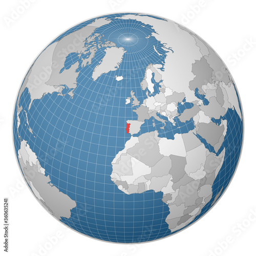 Globe centered to Portugal. Country highlighted with green color on world map. Satellite world projection. Radiant vector illustration.