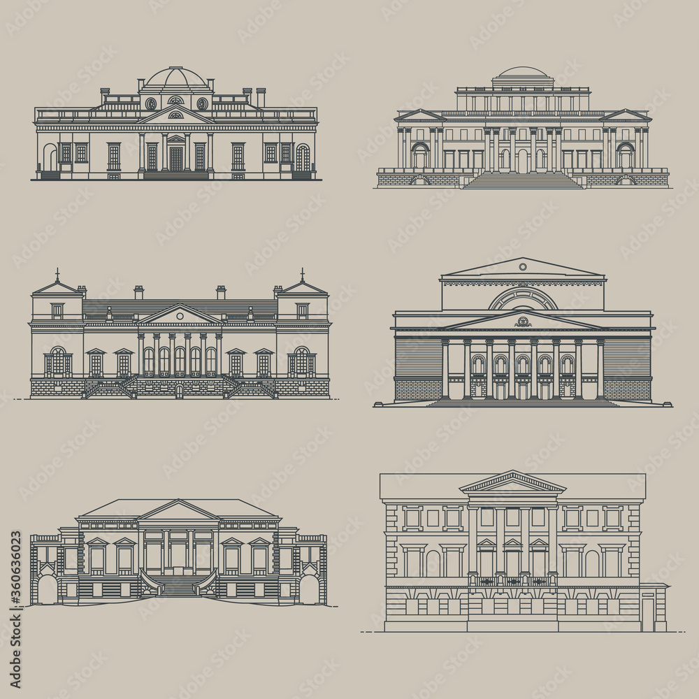 Classic Architecture Buildings Facade Drawings, Old Sketches Stylization, Retro Mansions, Theater Buildings