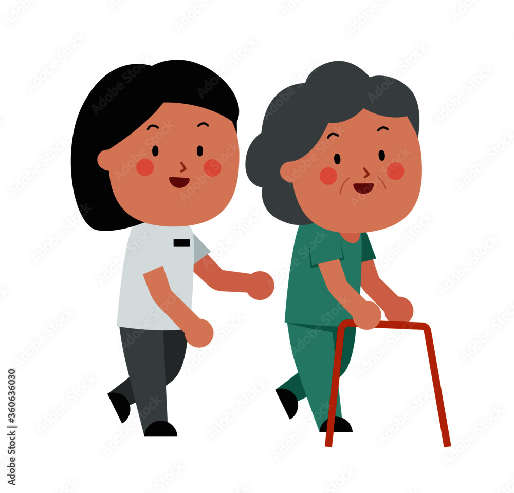 physical therapist assist old woman for walking exercise cartoon character physical therapist assist old woman for walking exercise cartoon character