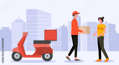 Delivery man delivering a package from young woman. Vector
