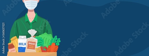 Online grocery concept. Delivery man with protective mask delivering food. Vector