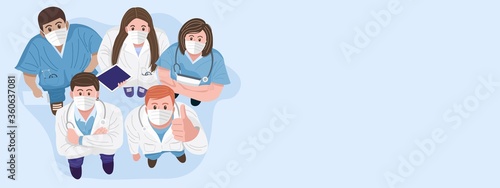 Thank you doctors and nurses concept. Top view of medical teams wearing masks and standing looking up at camera. Vector