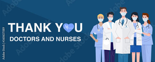 Frontline heroes, Illustration of doctors and nurses characters wearing masks. Vector
