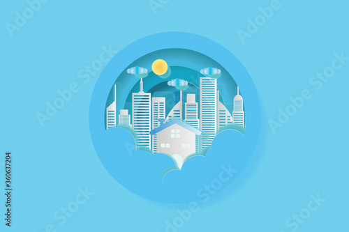 Vector flat icon suburban house and building Paper art background design.Vector illustration in lineart style.

