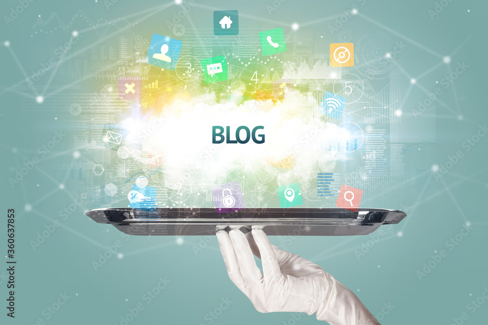 Waiter serving social networking concept with BLOG inscription