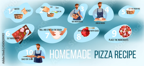 Italian homemade pizza cooking instructions with ingredients, bearded chef, apron, dough, yeast. Culinary vector illustration in flat style and blue colors with smiling man, flour, cutting board