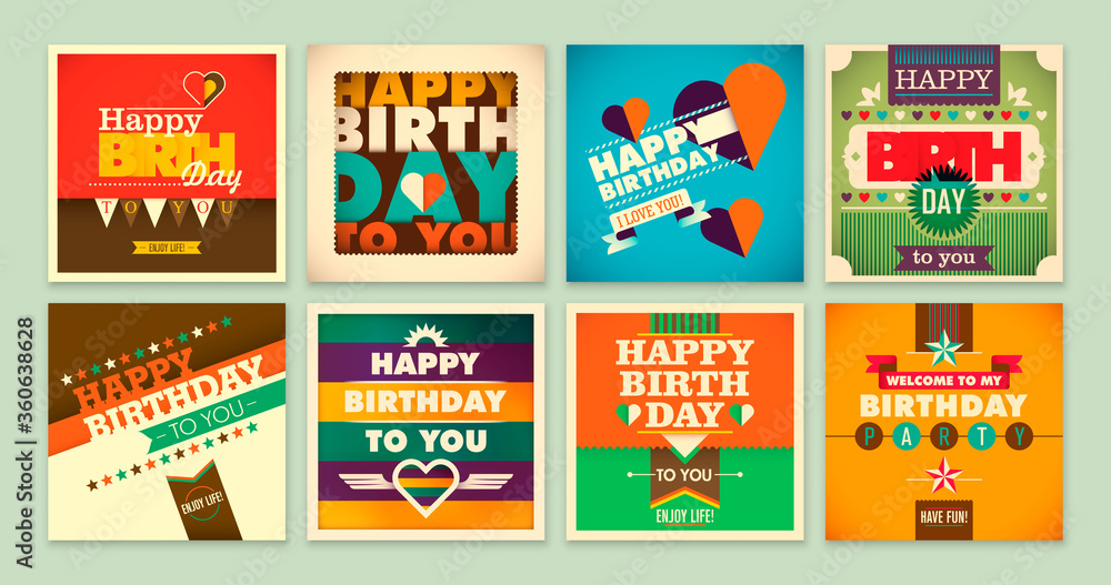 Set of colorful birthday cards in modern and retro style design. Vector illustration.