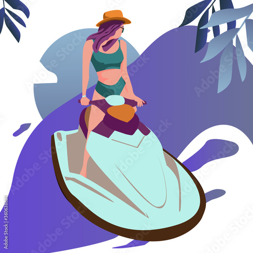 Sea vacation vertical banners for beach. Flat style design. Vector illustration of girl riding personal watercraft. Beautiful sport themed poster. Water sports, extreme sports, summer vacation, water