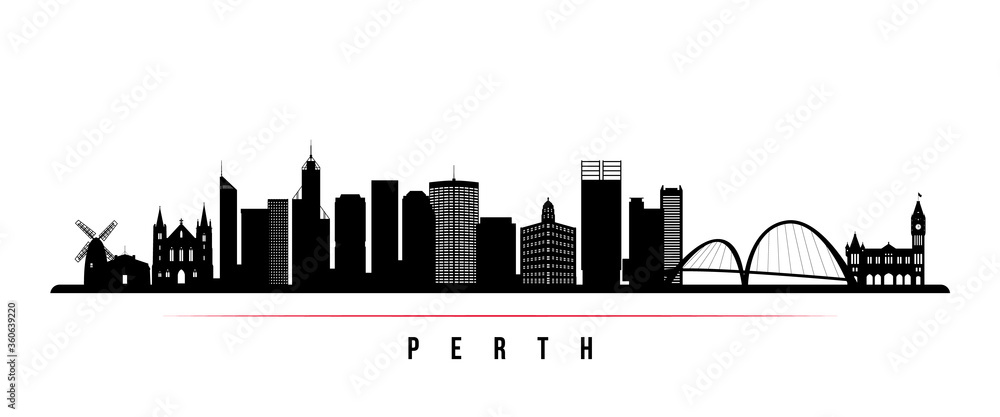 Perth skyline horizontal banner. Black and white silhouette of Perth, Australia. Vector template for your design.
