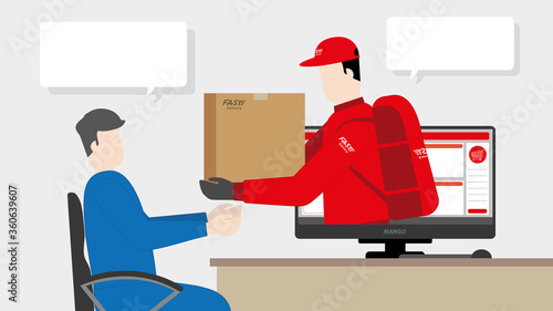 Fast delivery concept. Delivery man and parcel box get through the computer screen for online shopping from home.