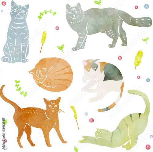 水彩の猫のシルエット風イラストのセット