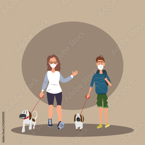 masked young couple strolling with their pets photo