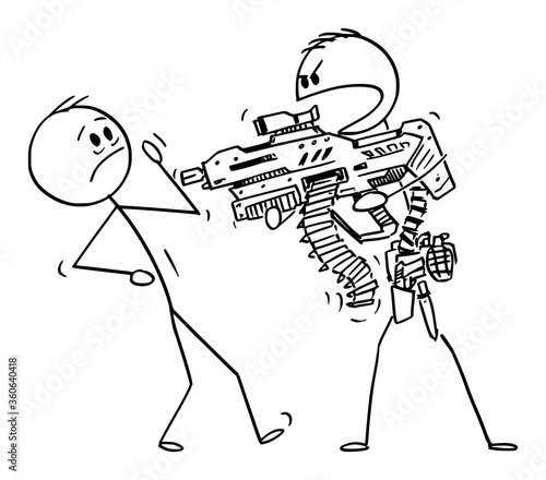 Vector cartoon stick figure drawing conceptual illustration of heavily armed man with generic futuristic weapon threatening unarmed man.