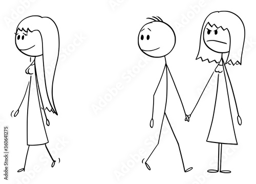 Vector cartoon stick figure drawing conceptual illustration of couple of boy and girl, or man and woman walking together while man likes another woman and watching her.