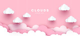 Pink Modern Vector paper clouds and balloons. illustration. Cute cartoon fluffy clouds. Pastel colors. Origami style