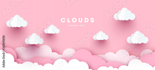 Pink Modern Vector paper clouds and balloons. illustration. Cute cartoon fluffy clouds. Pastel colors. Origami style