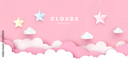 Star and clouds on pink background. paper art style vector illustration