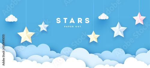 Sky paper decoration. Little paper theater: stars and clouds on blue background. Vector illustration