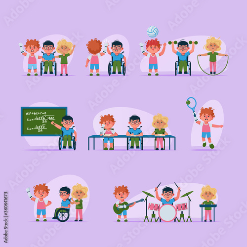 Vector character illustration disabled children life scenes set