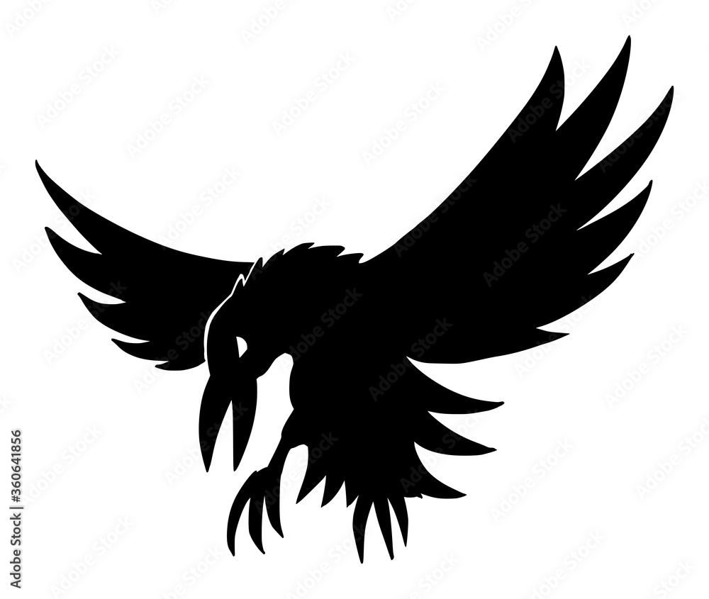 Fototapeta premium Vector drawing illustration of black silhouette of creepy or spooky Halloween attacking raven on white background.