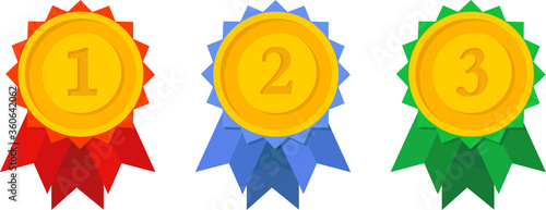 Gold, silver, bronze medal. 1st, 2nd and 3rd places. Trophy with red ribbon. Flat style - stock vector.
