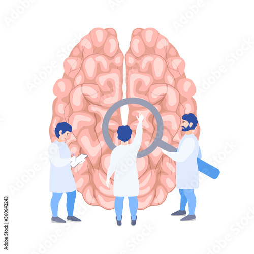 A team of doctors checkup the brain. Tiny people examine the organ and make a diagnosis. Banner on the prevention of brain disease Vector flat concept. Treatment.