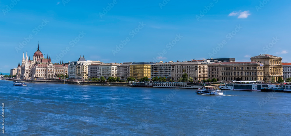 A view long the northern shore of the River Danube, Budapest on a summer's evening