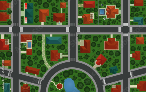 Aerial view map of town neighbourhood, house roofs from above vector illustration