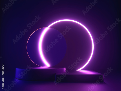 3d platform with neon shining and transparent glass rings. Geometric shapes composition with empty space for product design show. 