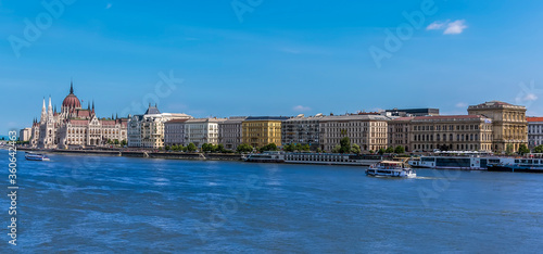 A view long the northern shore of the River Danube, Budapest on a summer's evening
