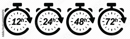 12, 24, 48 and 72 hours clock arrow. Vector work time effect or delivery service time icons. EPS 10 photo