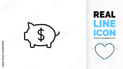 Editable line icon of a piggy bank with a dollar sign