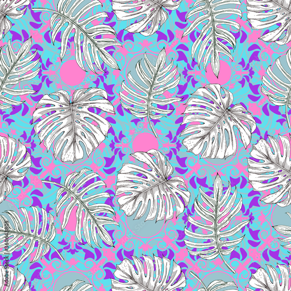 Fototapeta White tropical leaves on a colored background