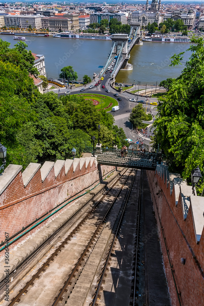 A view down the funicular railway across the River Danube and the Chain Bridge in Budapest in the summertime A view down the funicular railway across the River Danube and the Chain Bridge in Budapest in the summertime